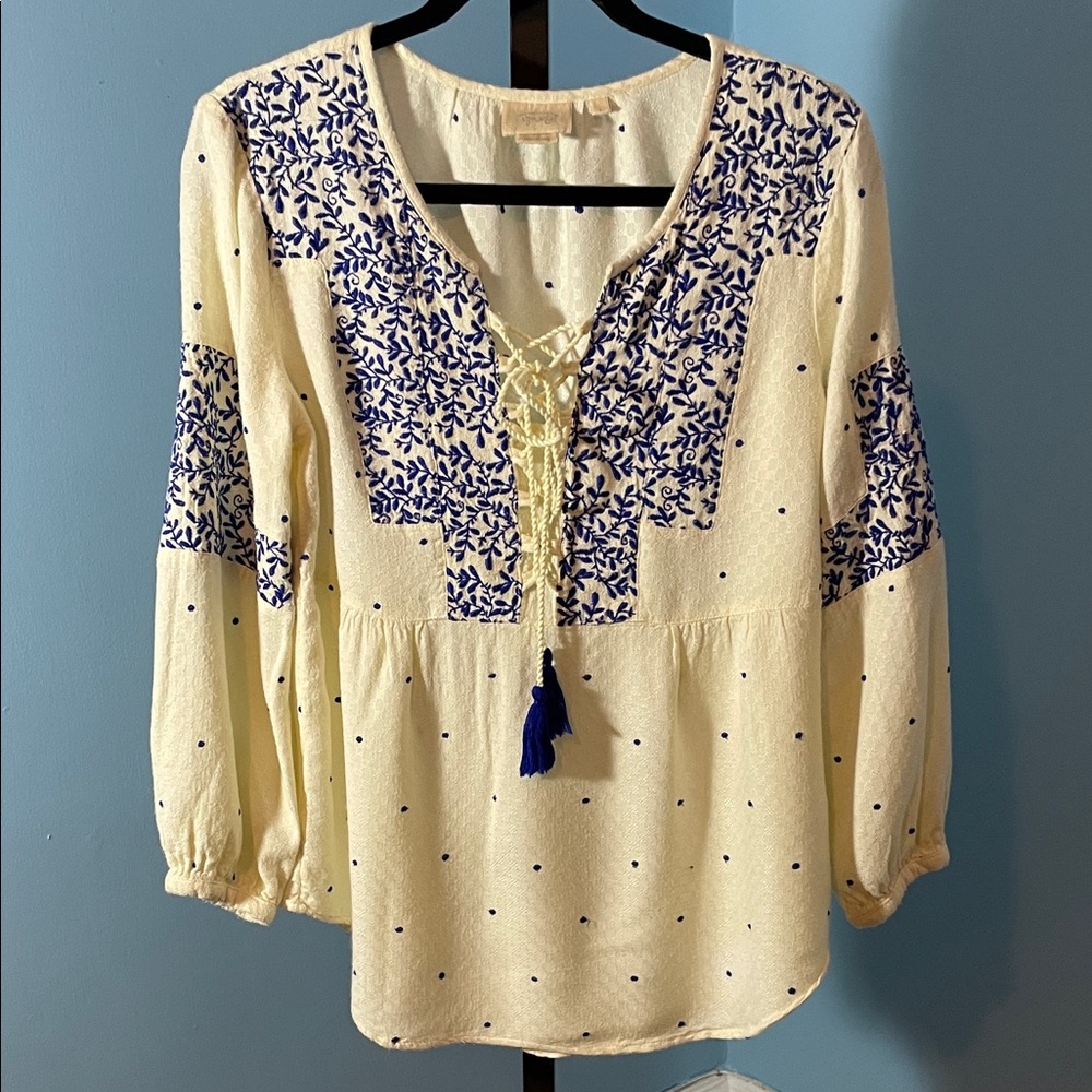 Anthropologie Vanessa Virginia Tie-front Blouse with Royal Blue Embroidery